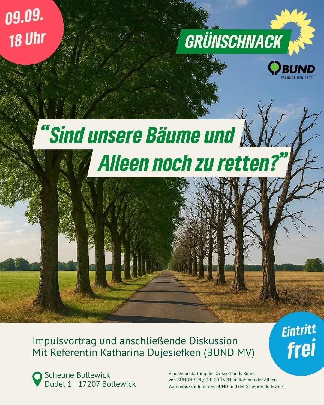 Sind unse­re Bäu­me und Alleen noch zu retten? (9. September @ 18:00 - 23:00): Impuls­vor­trag und anschlie­ßen­de Dis­kus­si­on mit Refe­ren­tin Katha­ri­na Duje­sief­ken (BUND MV)Thema: Die Zukunft unse­rer Alleen und Bäu­me in Röbel und der Seenplatte  Im Rah­men der Alleen-Aus­stel­lung des Bund für Umwelt und … <a href="https://www.bauernladen-mv.de/">Weiterlesen</a>