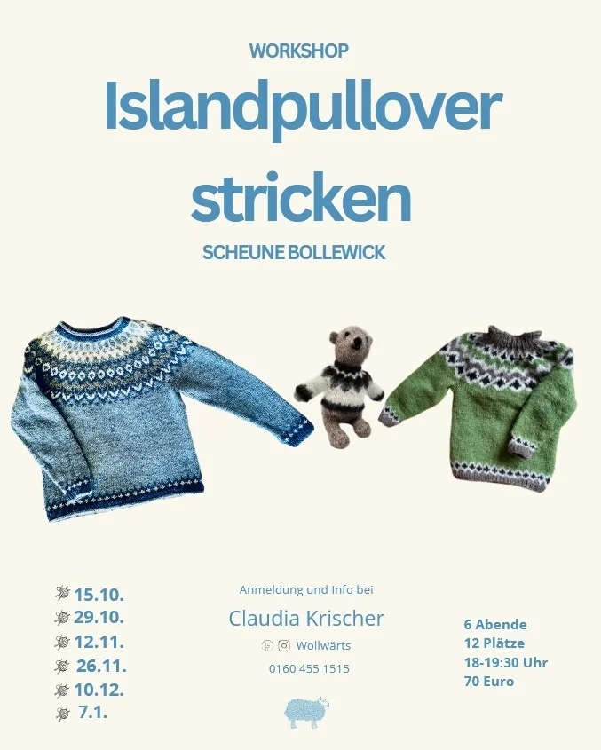 Island­pull­over stricken (15. Oktober @ 18:30 - 19:00): Die Tage wer­den kür­zer … genau die rich­ti­ge Zeit, einen kusch­li­gen Pull­over zu stricken.   Wir stri­cken gemein­sam einen ech­ten Island-Pulli! Mit Islän­di­scher Wol­le, nach islän­di­scher Anleitung. 6 Aben­de jeweils … <a href="https://www.bauernladen-mv.de/">Weiterlesen</a>
