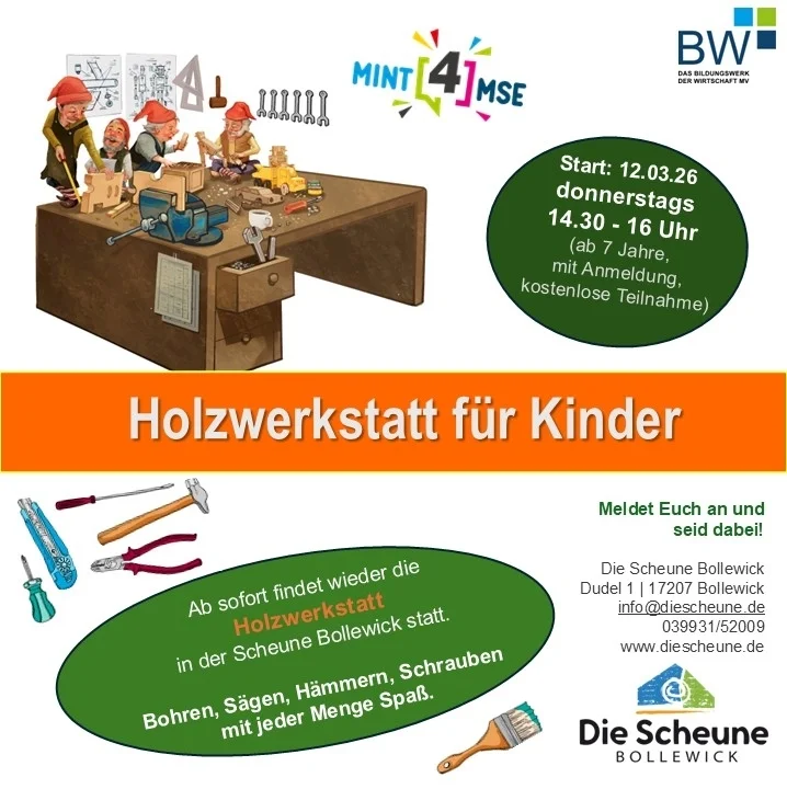 Holz­werk­statt (12. März @ 14:30 - 16:00): Ab dem 12.03.2026 star­tet wie­der ein neu­er Kurs der Holz­werk­statt 💫in der Scheu­ne Bollewick.Für Jun­gen und Mäd­chen ab 7 Jah­ren, mit Anmeldung!kostenlose Teil­nah­me! 💥Mel­det Euch an und seid dabei!Die Scheu­ne … <a href="https://www.bauernladen-mv.de/">Weiterlesen</a>
